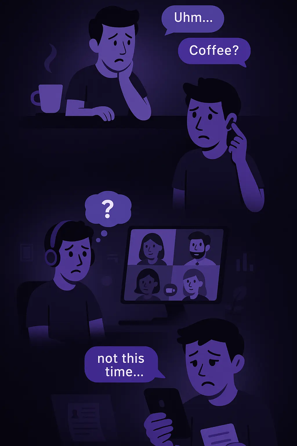 Ilustração mostrando dificuldades comuns ao falar inglês - pedindo café, reuniões, entrevistas